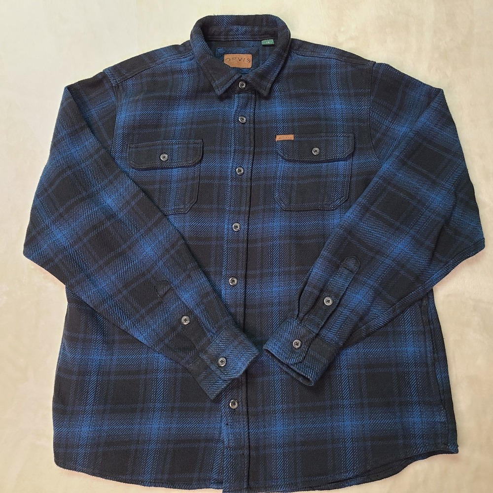 Orvis Flannel Shirt Mens Large Blue Plaid Big Bear Shacket Pockets Heavyweight